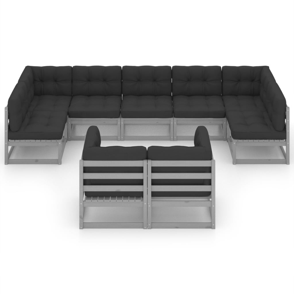 9-tlg. Garten-Lounge-Set mit Kissen Grau Kiefer Massivholz